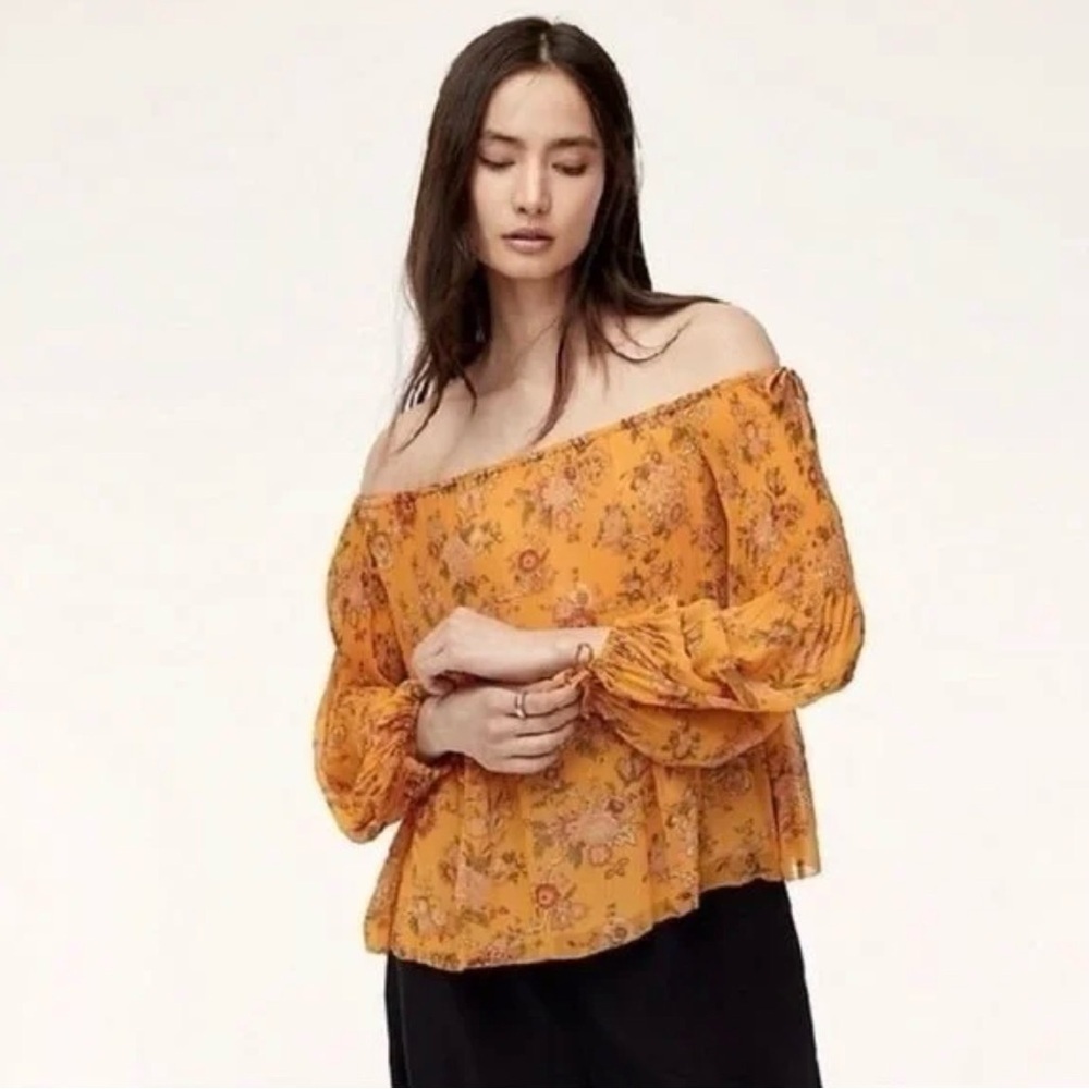 Wilfred Talence Floral Smocked Off-Shoulder Peasant Blouse, Mustard, Size M
